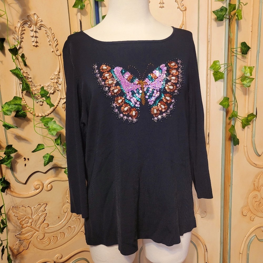 1990s Vintage Lucia Burns Beaded Sequin Butterfly Top - Picture 2 of 9